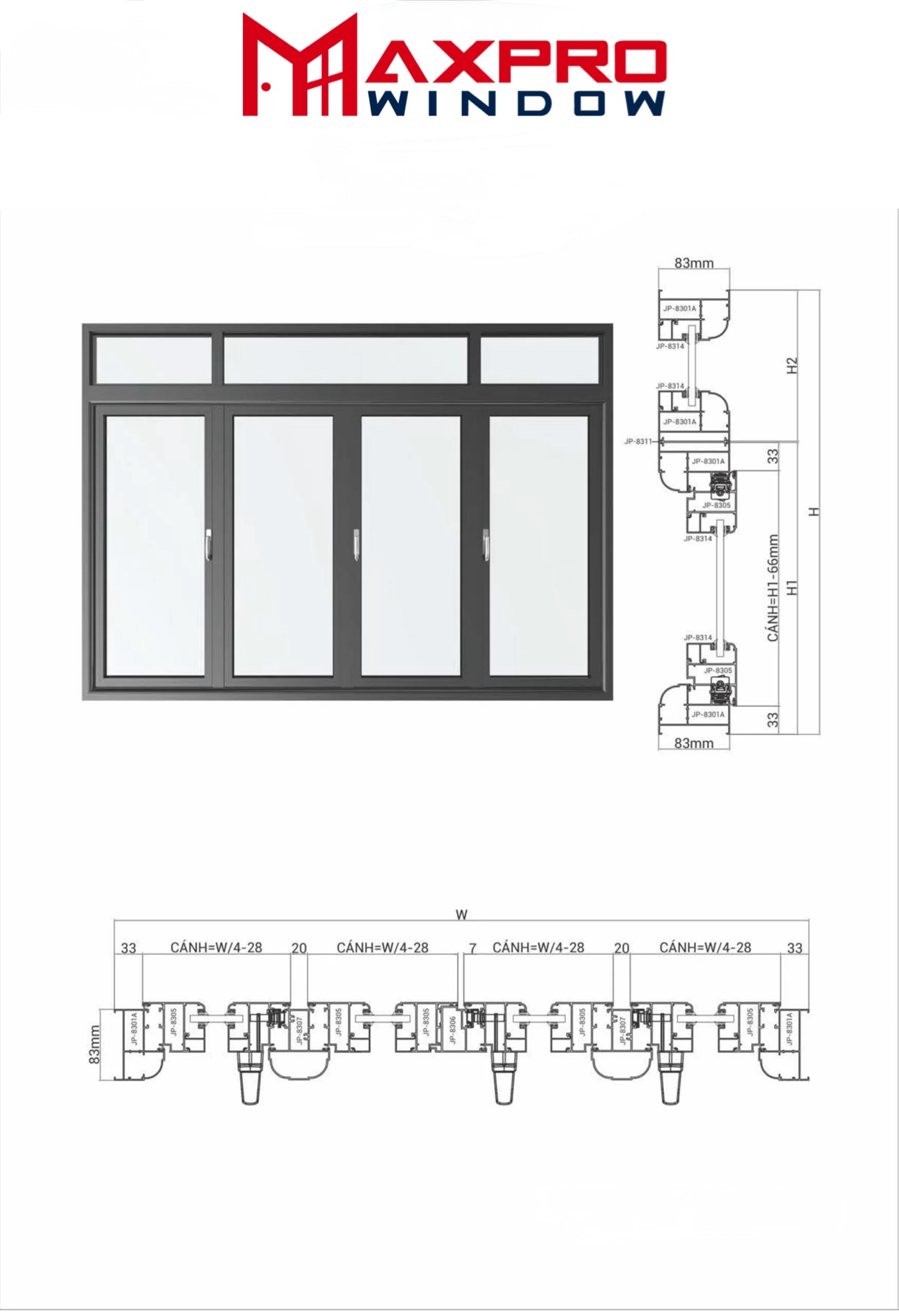 Báo giá Cửa sổ mở quay, hoặc mở hất 1 cánh Maxpro hệ 83
