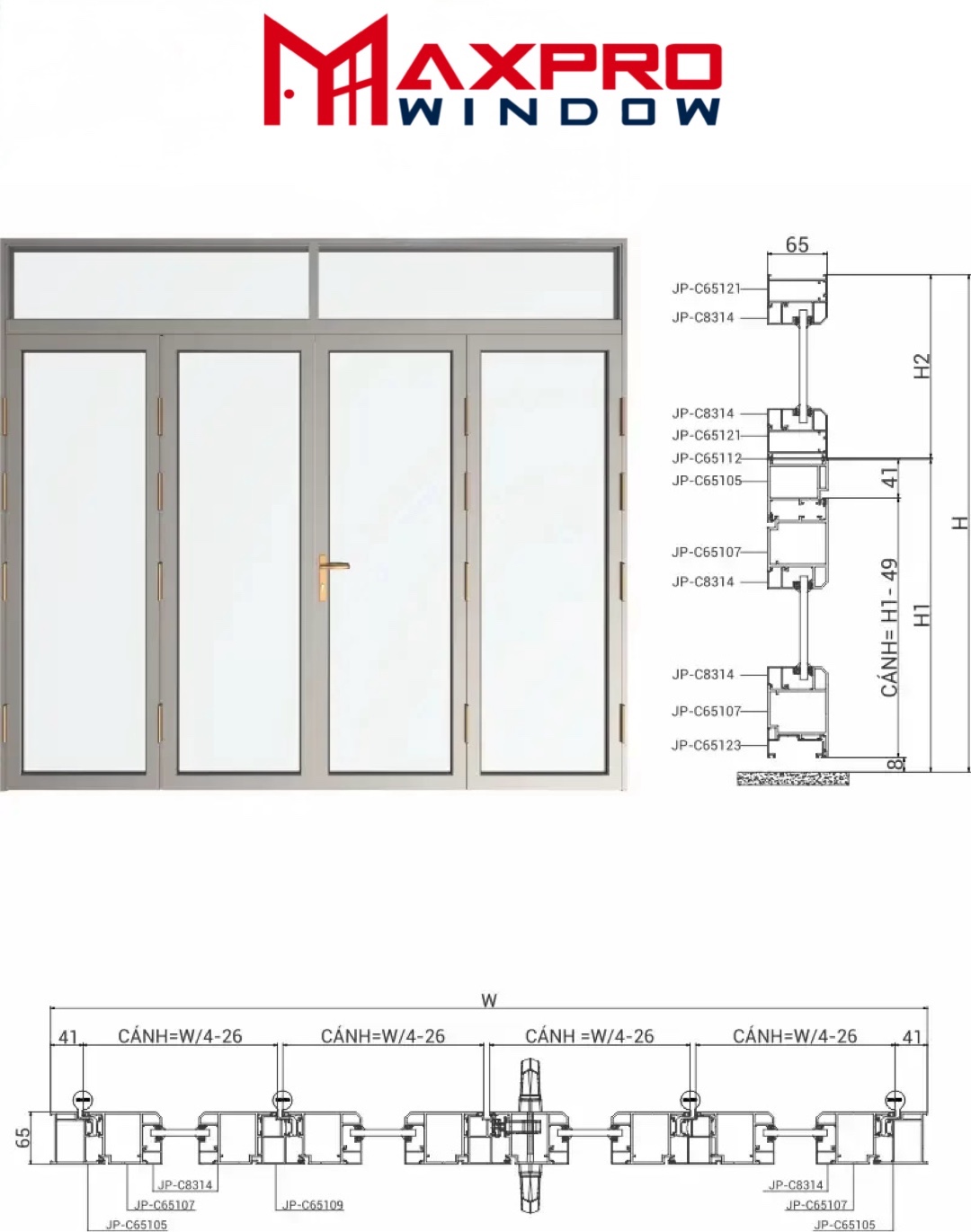 Báo giá Cửa sổ mở quay, hoặc mở hất 3 cánh Maxpro hệ 65